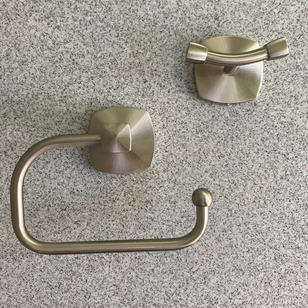 Brushed chrome, toilet paper holder, and double hook